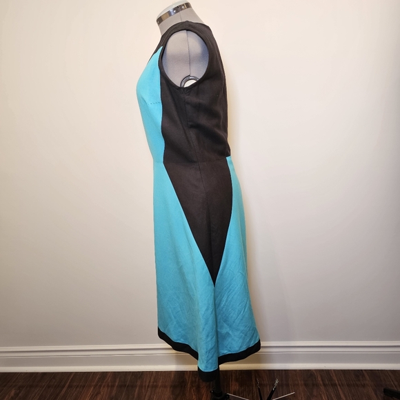 Custom handmade blue black color block linen lined a-line midi dress size 12 US. - Picture 3 of 6